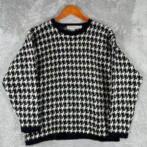 Gap Houndstooth Wool Sweater Vintage Crew Neck Black White Pattern Size M